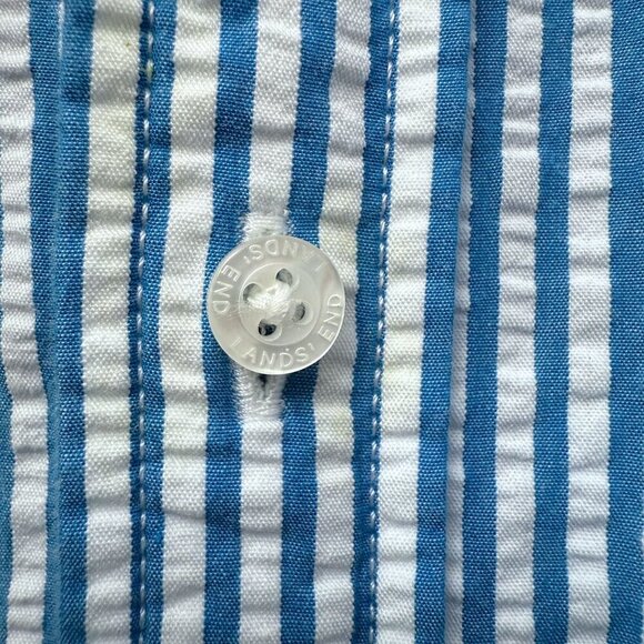 LANDS END Mens Seersucker Shirt XL Short Sleeve Cotton Blue Stripe Preppy Casual - Picture 8 of 9